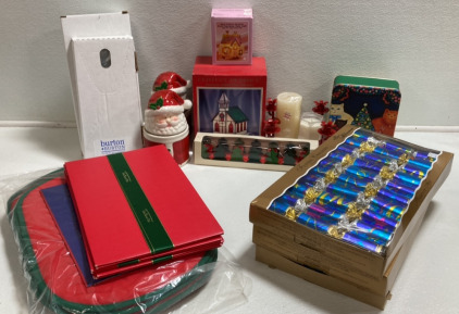 Lighted Stained Glass Church, (2) Santa Jars, (3) Packs of Party Crackers, Gift Boxes, Placemats and more