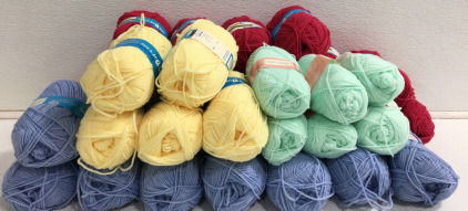 35 Assorted Skeins of Yarn- Yarns Brunswick (17) Cherry (8) Lt Denim (5) Baby Green (5) Yellow