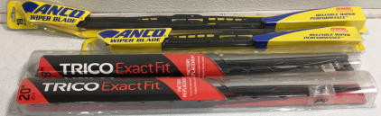 (4) Assorted Wiper Blades (1) 19” Anco (1) 17” Anco (1) 18” Trico Exact Fit (1) 20” Trico Exact Fit