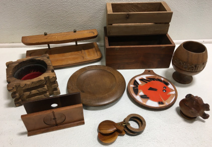 Assorted Wood Decor Including (1) “Hawaii” Gobblet (2) Wood Boxes (1) Candle Holder (1) Napkin Holder (1) Hot Plate & More!