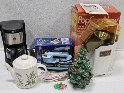 GE COFFEE MAKER & IRON, AIR POPCORN POPPER, CERAMIC TEAPOT, LIGHTED CHRISTMAS TREE