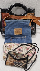 LEATHER PURSE, DENIM LEVI'S BAG, TRAVEL BAG, CLUTCH W/ STRAP