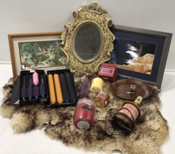 Framed Wall Prints; Assorted Candles; Lamp; Framed Mirror; Purple Glass Bottle; Wooden Dish; Pelt