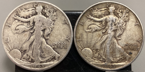 (2) 1943 WALKING LIBERTY HALF DOLLAR COINS— VERIFIED AUTHENTIC