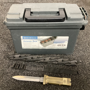 BUNKER HILL AMMO BOX, MACHINE GUN BELT AND GERMAN PARATROOPER SCISSOR ACTION KNIFE