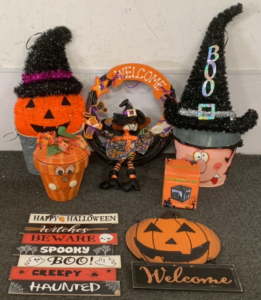 (1) HALLOWEEN COLOR CHANGING BOX LIGHT, (1) PUMPKIN PAINTED PLANTER POT WITH LID, (1) PUMPKIN WELCOME SIGN, (1) HALLOWEEN WELCOME WREATH AND MORE