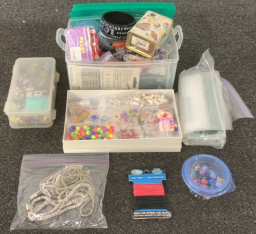 (1) BOX FILLED WITH CRAFTING SUPPLIES INCLUDING BEADS, PINS, WAXED COTTON CORDS, AND MORE