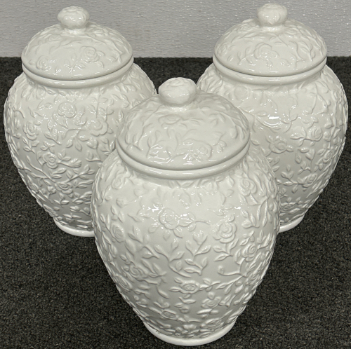 3 BEAUTIFUL WHITE FLORAL GLASS STORAGE CONTAINERS WITH LIDS IN EXCELLENT SHAPE