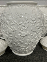 3 BEAUTIFUL WHITE FLORAL GLASS STORAGE CONTAINERS WITH LIDS IN EXCELLENT SHAPE - 3