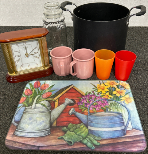 BEAUTIFUL KIRCH MANTLE CLOCK (WORKS), TALL STOCKPOT (NO LID), GLASS CUTTING BOARD, GLASS CONTAINER WITH LID, 2 PLASTIC MUGS AND 2 PLASTIC SMALL CUPS