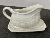 BEAUTIFUL LOURDES BRAND GRAVY BOAT WITH TRAY, SQUARE SERVING PLATES WITH LID, SALT & PEPPER SHAKERS AND HOME BRAND FLORAL NAPKIN HOLDER - 2