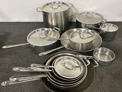 ALL-CLAD STAINLESS STEEL COOKWARE IN GOOD SHAPE: STOCKPOTS, SAUCE PANS, AND SKILLETS