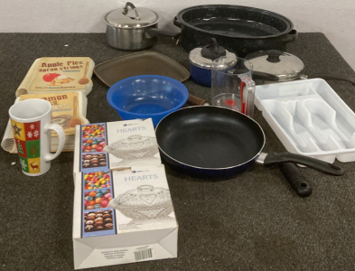 KITCHEN GOODS - POTS, PANS, COOKBOOKS, CANDY DISHES, AND MORE