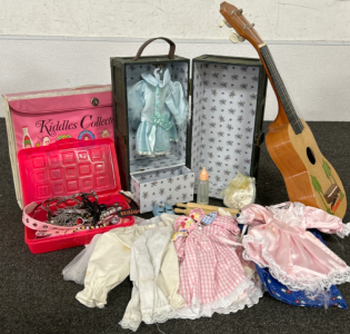 DOLL CLOSET WITH CLOTHES, BRACELETS, PET COLLARS, UKULELE AND MORE