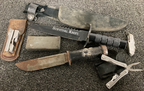 KNIVES, MULTI TOOLS, SHEATHS AND SHARPENING STONE