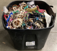 18 GALLON TOTE OF COSTUME JEWELRY, KEYCHAINS, ACCESSORIES AND MORE