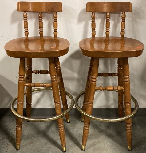 TWO WOOD SPINNING BAR STOOLS
