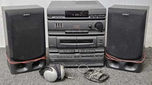 WORKING SONY 5-CD/ DUAL CASSETTE STEREO W/ SPEAKERS & HEADPHONES