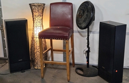 34.5"H PIONEER SPEAKERS, 44"H FLOOR LAMP, WORKING OSCILLATING FAN, PADDED BAR STOOL (29"H SEAT)