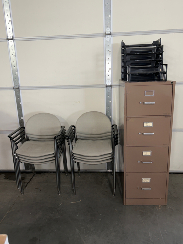 4 DRAWER METAL FILING CABINET, 8 CHAIRS AND 13 PLASTING STACKING ORGANIZERS