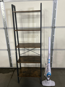 TAPERED 5 SHELF UNIT AND PIT STEAM THERMAPRO 211 FLOOR STEAM MOP (POWERS ON, PUMP NOISY WHEN EMPTY)