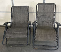 PAIR OF FOLDING LOUNGE CHAIRS (1 NEEDS ARM REPAIRED)