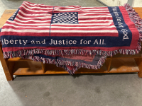 WOOD BENCH WITH 8 STORAGE CUBBIES AND A WOVEN FLAG THROW BLANKET - 3