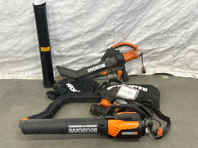 2 WORKING WORX ALL-IN-ONE BLOWER/VAC/MULCHER WITH BAGS AND ATTACHMENTS