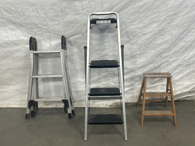 WOOD 2-STEP LADDER, METAL/PLASTIC 3-STEP LADDER AND ADJUSTABLE FOLDING LADDER (MAX 12’ 6”)