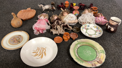 PORCELAIN DOLLS, HORSE FIGURES, DECOR PLATES, AND GOURDS