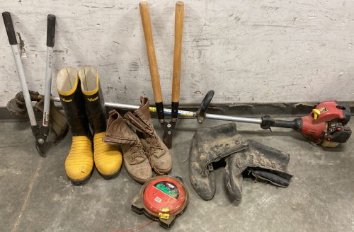 WEED EATER, PRUNERS, 3 SETS OF BOOTS, AND WEED EATER LINE