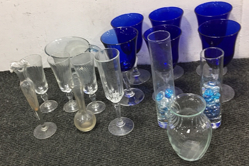 (6) Blue Cups, (5) Vases, (3) Clear Cups