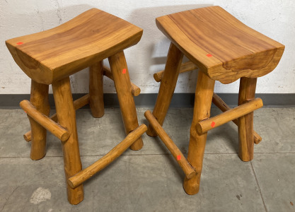 TWO WOODEN LOG BAR STOOLS