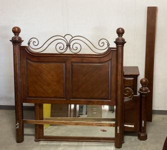 (1) LARGE DARK WOOD BEDROOM SET INCLUDING (1) DRESSER WITH (1) VANITY MIRROR, (1) 4 PIECE BED FRAME