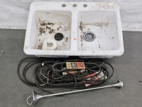 CAST IRON DOUBLE SINK, ENGINE BELTS, CEILING LIGHT FIXTURE