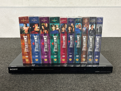SONY DVD PLAYER (POWERS ON) AND SMALLVILLE SEASONS 1-10