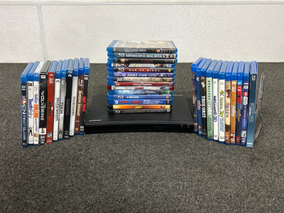 SAMSUNG BLU RAY PLAYER (POWERS ON) AND BLUE RAY DVD MOVIES