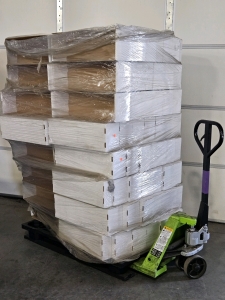 5500# PALLET JACK, (+/-100) 24x8.5x6 TRAY BOXES