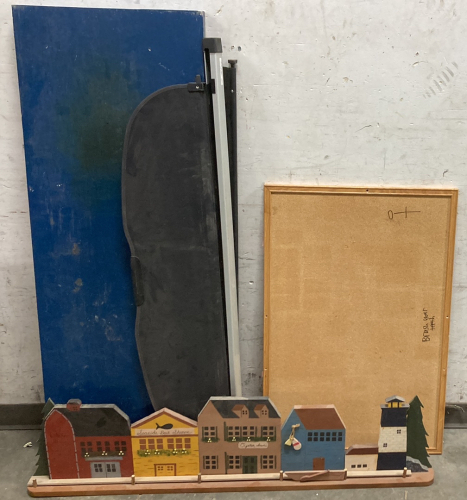 TABLE WITH FOLDING LEGS, CORKBOARD, METAL DECOR WINDOW COVER