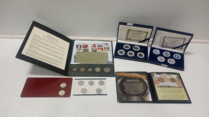 (2) Morgan Mint 5-Coin Colorized State Quarter sets (1) A century Of Stamps And Coins 1980's Collection (2) Unreleased Philadelphia And Denver Sacajawea Dollars And More!!