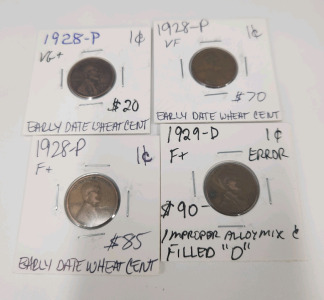 (3) 1928-P Pennies, (1) 1929-D Penny