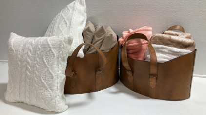 (2) Brown Leather Decor Baskets, (2) Soft Throw Blankets, (2) White Knitted Throw Pillows, (3) Tan Throw Pillows