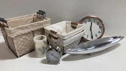 (4) Metal Storage Baskets, (1) Metal Boat Decor Bowl, (1) Wall Clock, (1) Analog Alarm Clock, (1) Flameless Candle