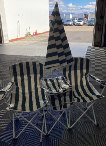 Green and White Striped Two-Chair Folding Beach Chair w/ Umbrella