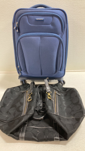 Blue Samsonite Carry On Rolling Bag, Black Coach Duffle Bag