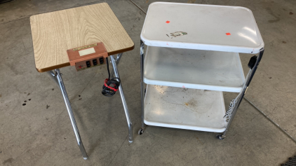 White Metal Shelf Cart, Vintage Side Table w/ Built-In Outlet