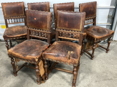 (6) Antique Leather Upholstered Dining Chairs - Great for a Project