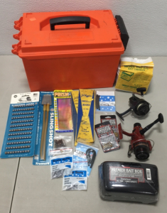 (1) MTM-Case Guard Sportsman&rsquo;s Dry Box (1) Vibtage Power Babds Slingshot Band With (120) 5/16&rdquo; Steel Balls (2) Vintage Fishing Reels and Various Fishing Tackle
