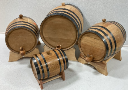 (4) Decorative Black Hooped Aging Barrels with Stands