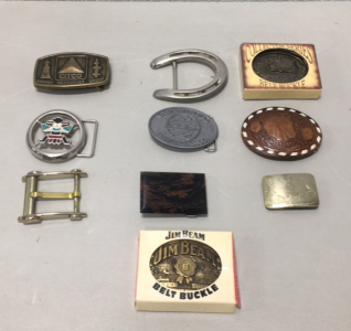 (10) Vintage Brass And Steel Belt Buckles Including (1) Vintage Jim Beam Buckle In Original Packaging